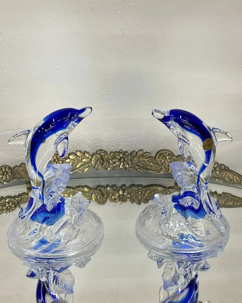 Винтажная хрустальная парная статуэтка «Дельфины на волне» Cristal d'Arques (Франция)